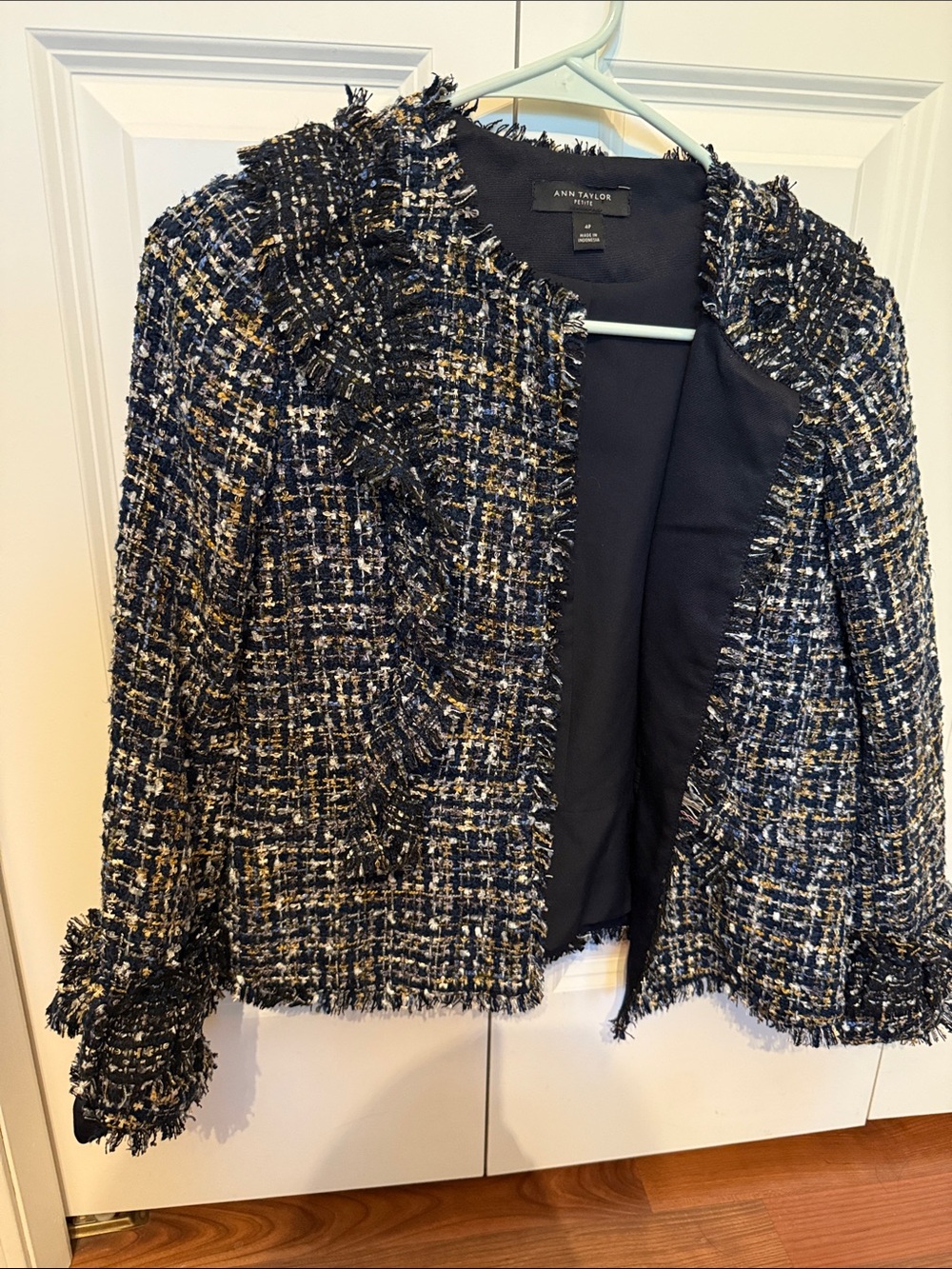 Ann Taylor Navy, White & Gold Tweed Fringed Open Jacket